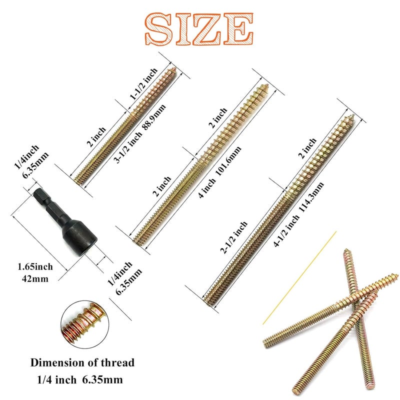 Matrelt 25 Pack 1/4-20" Hanger Bolts 3 Long Sizes Include1 pcs Hanger Bolt Driver Double Headed Bolts Wood Dowel Screw Self-Tapping Screw for Furniture Screws Wood Screws Double Threaded Rods - Image 2